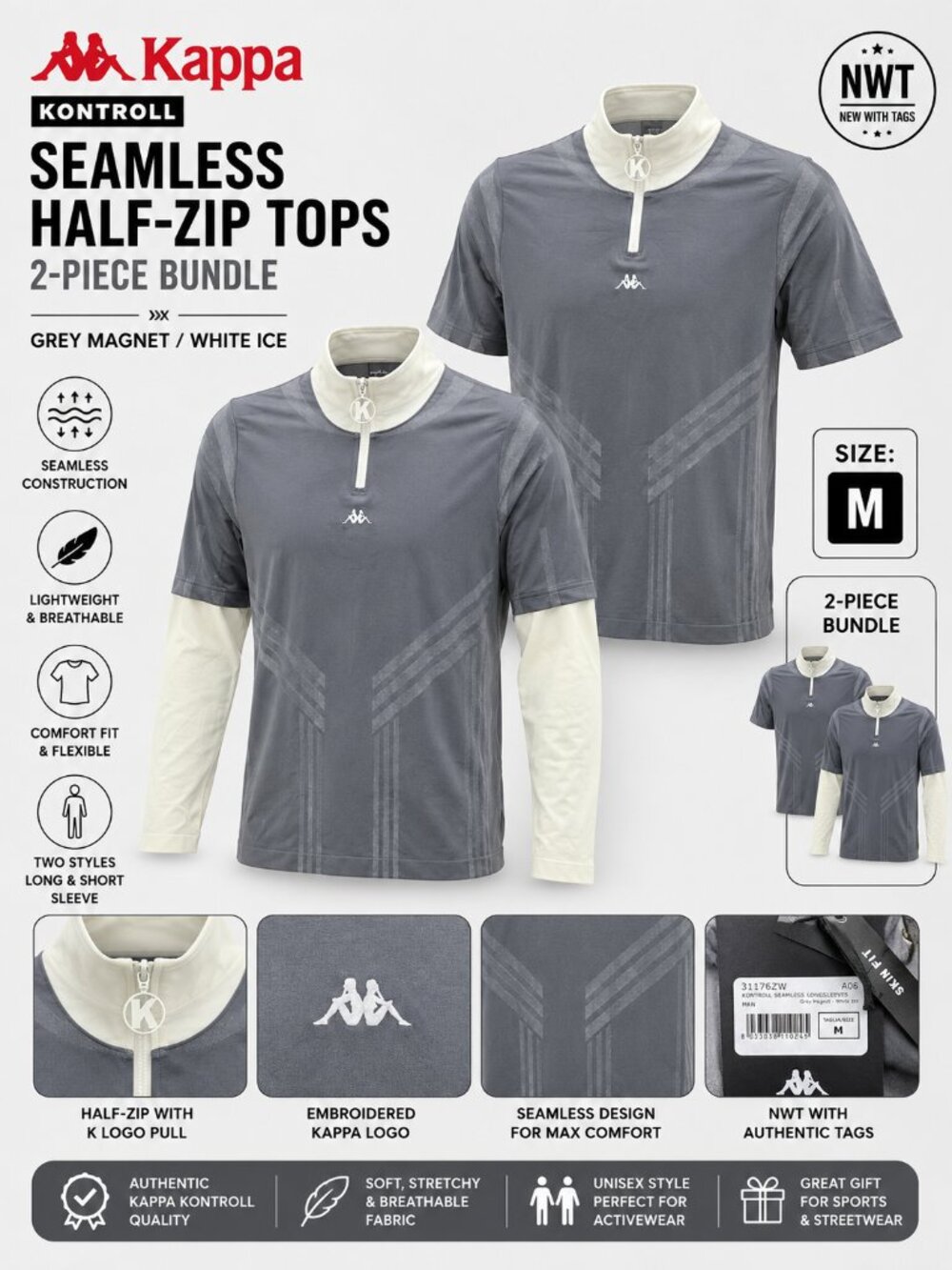 NWT Kappa Kontroll Seamless Half Zip Bundle Grey Size M 2 Piece